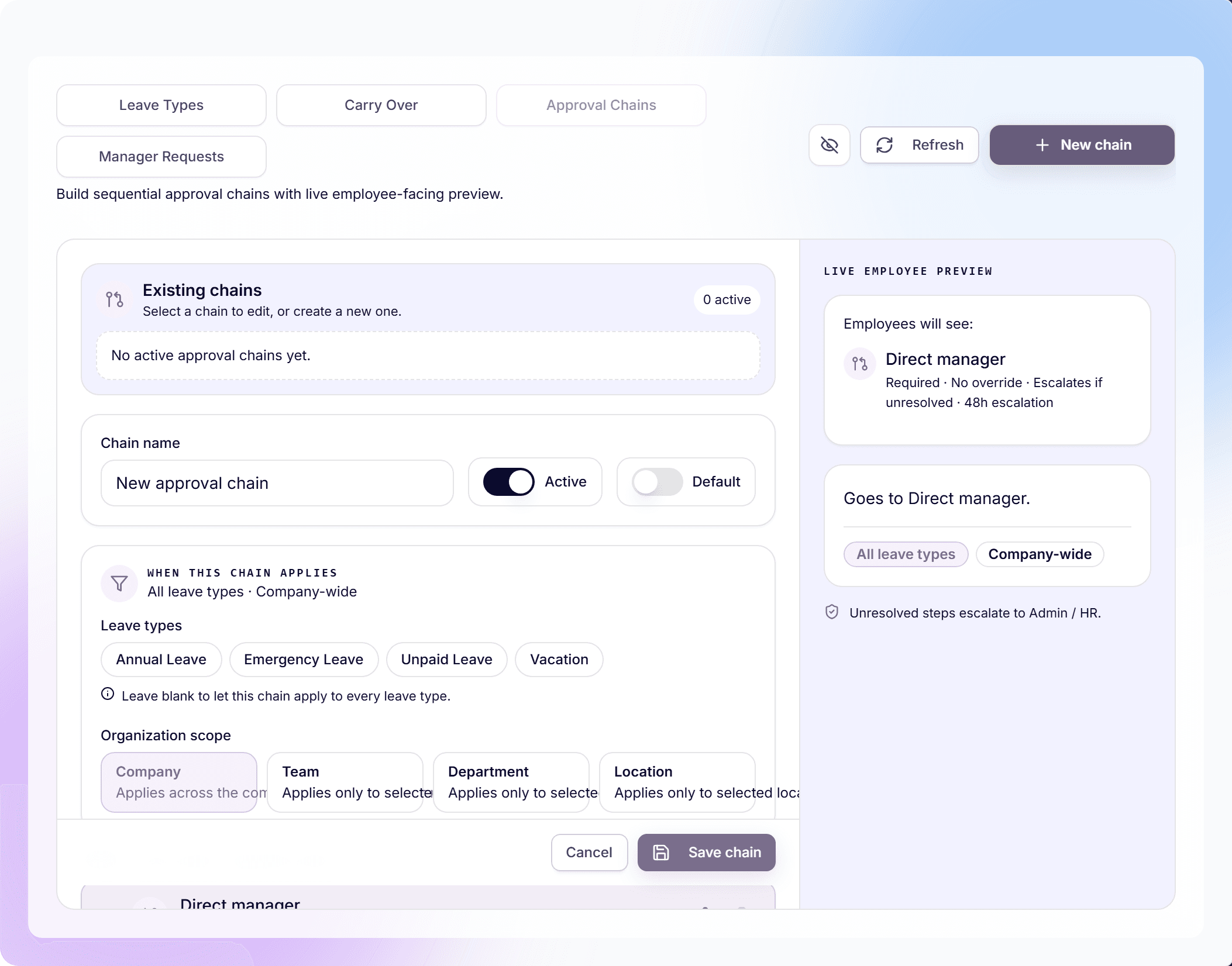 Approval-Chain-Builder mit geordneten Schritten und Live-Vorschau aus Mitarbeitersicht