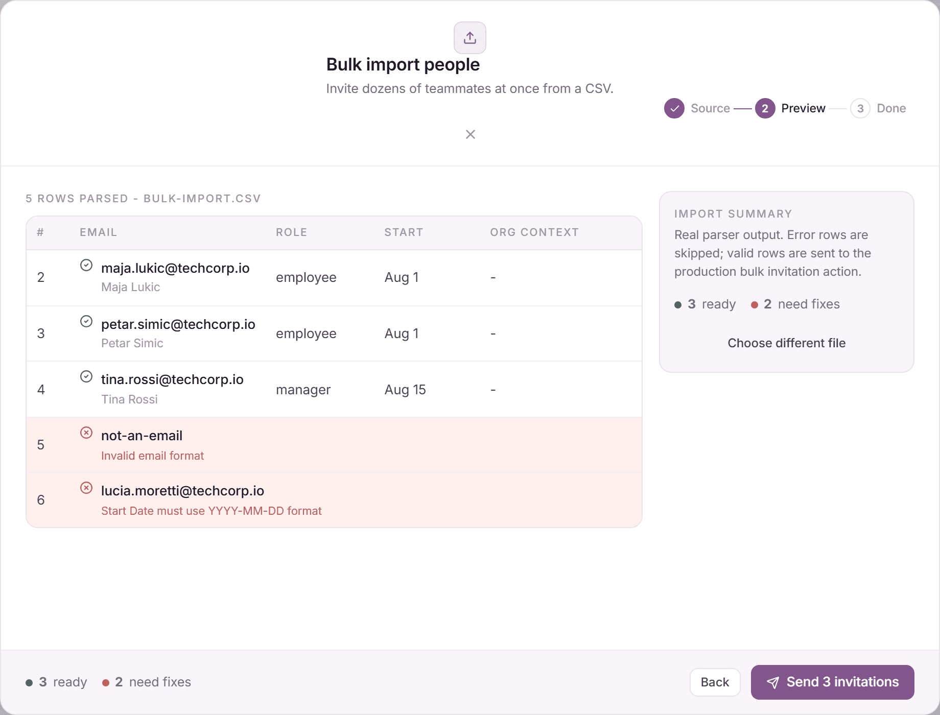 Massenimport-Vorschau mit bereiten Zeilen und als need fixes markierten Zeilen