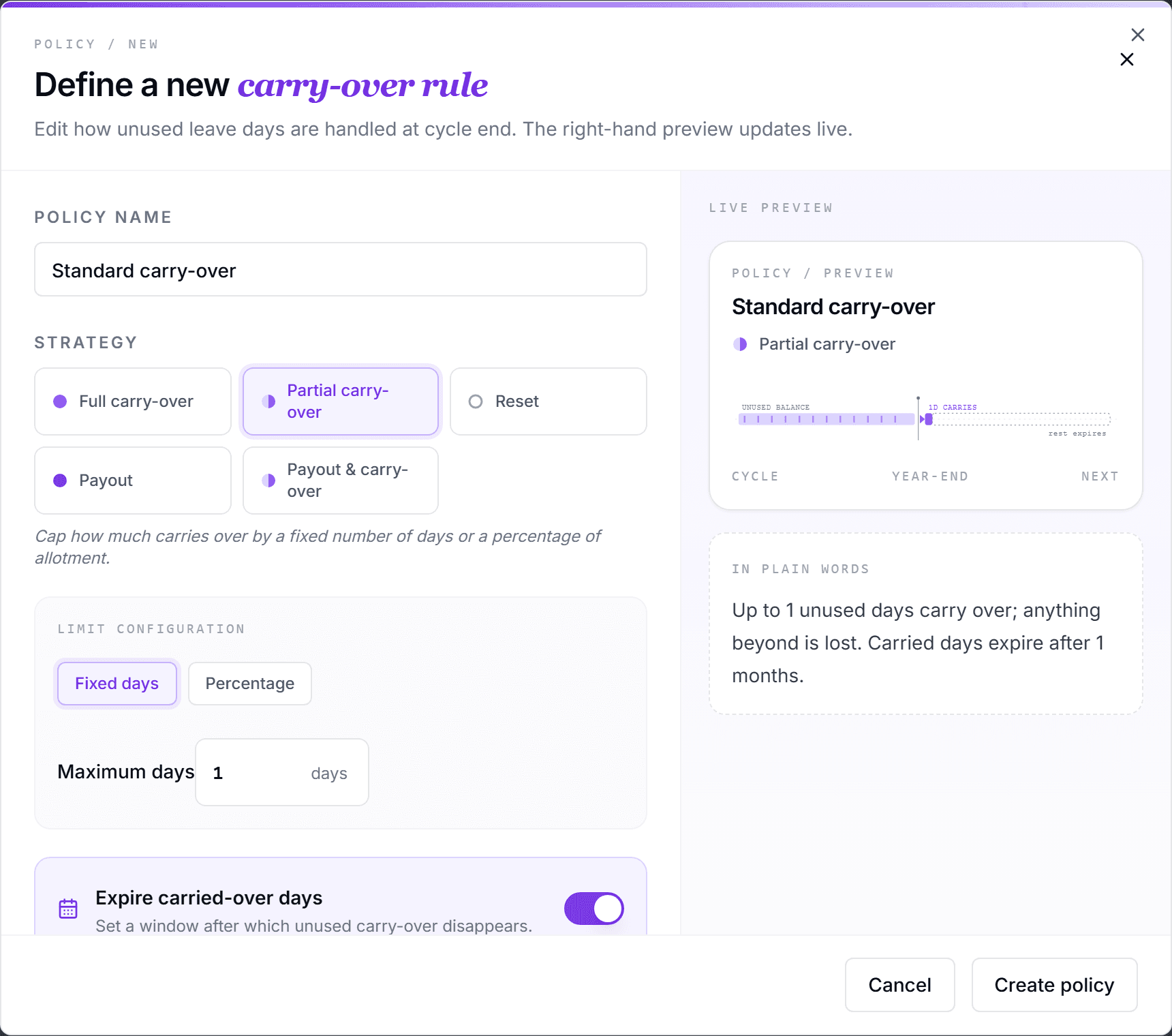 Carry-over policy dialog with strategy chips and expiry toggle