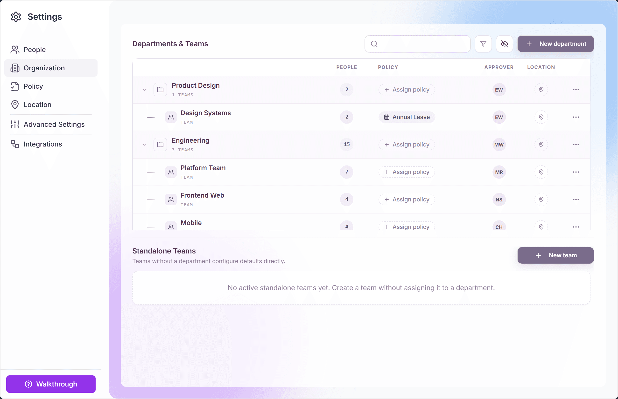 Organization-View mit Abteilungen, Teams und der Sektion Standalone Teams