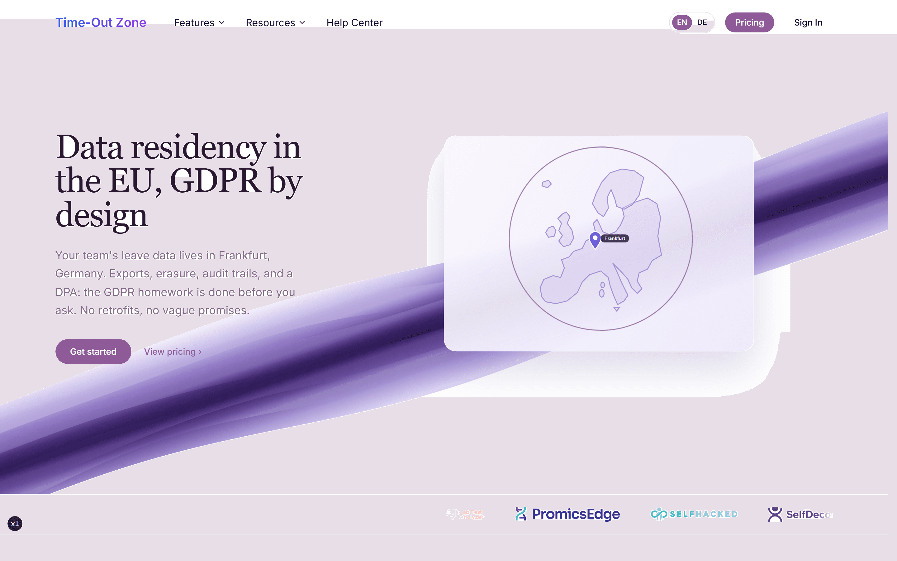 GDPR and data residency feature page with the Frankfurt hosting summary