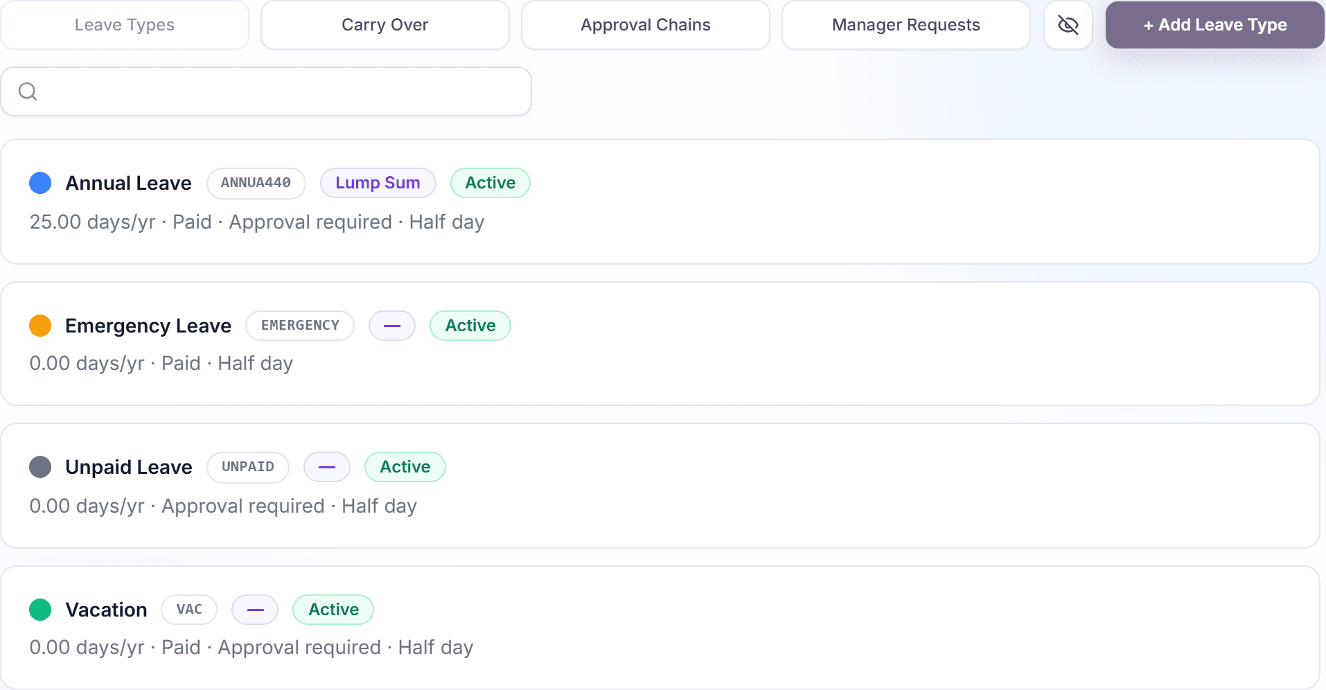 Leave Types list with cards showing badges for grant model, allotment, and status