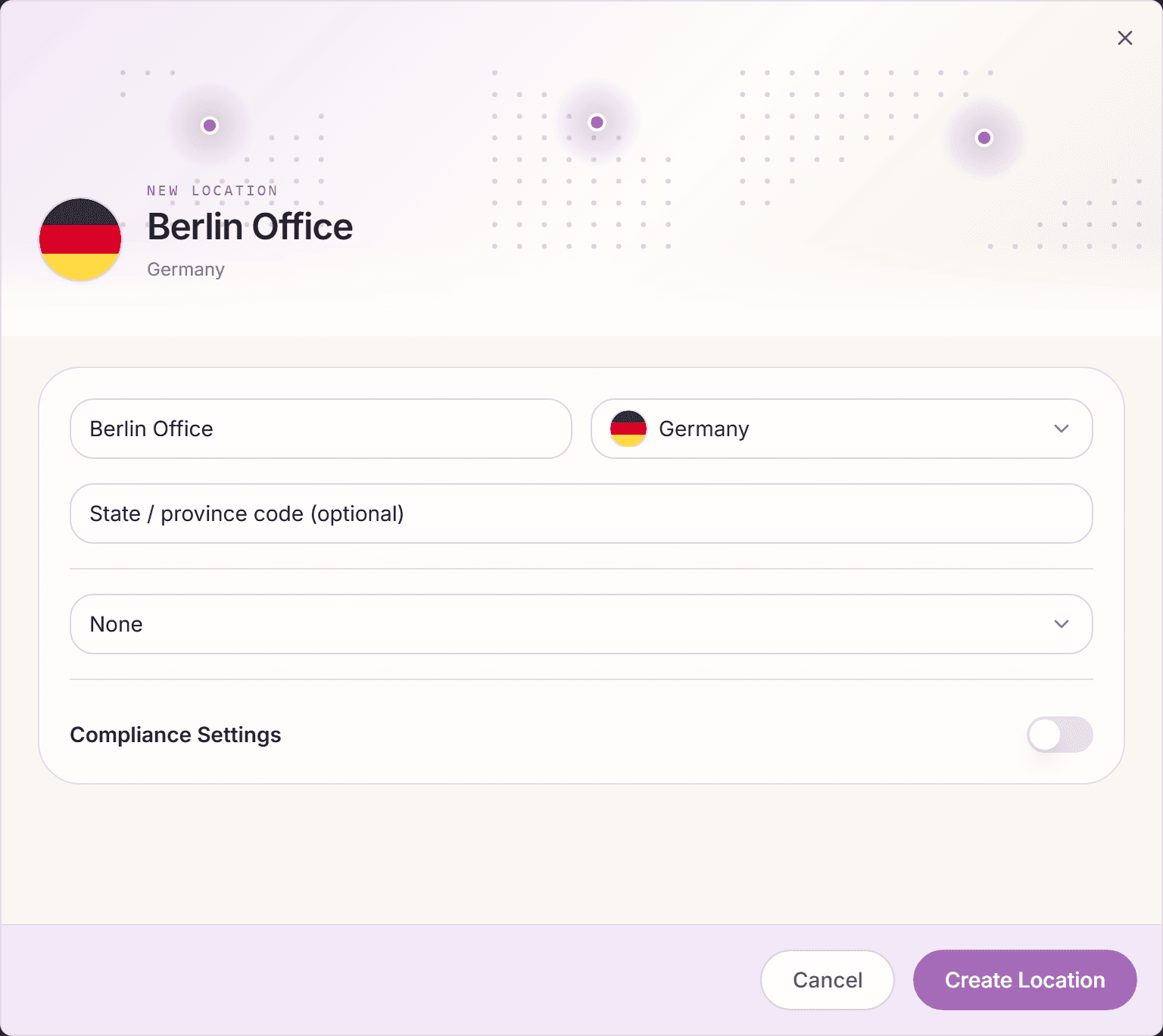 Add-Location-Dialog mit Land, Sublocation und Feiertagskalender