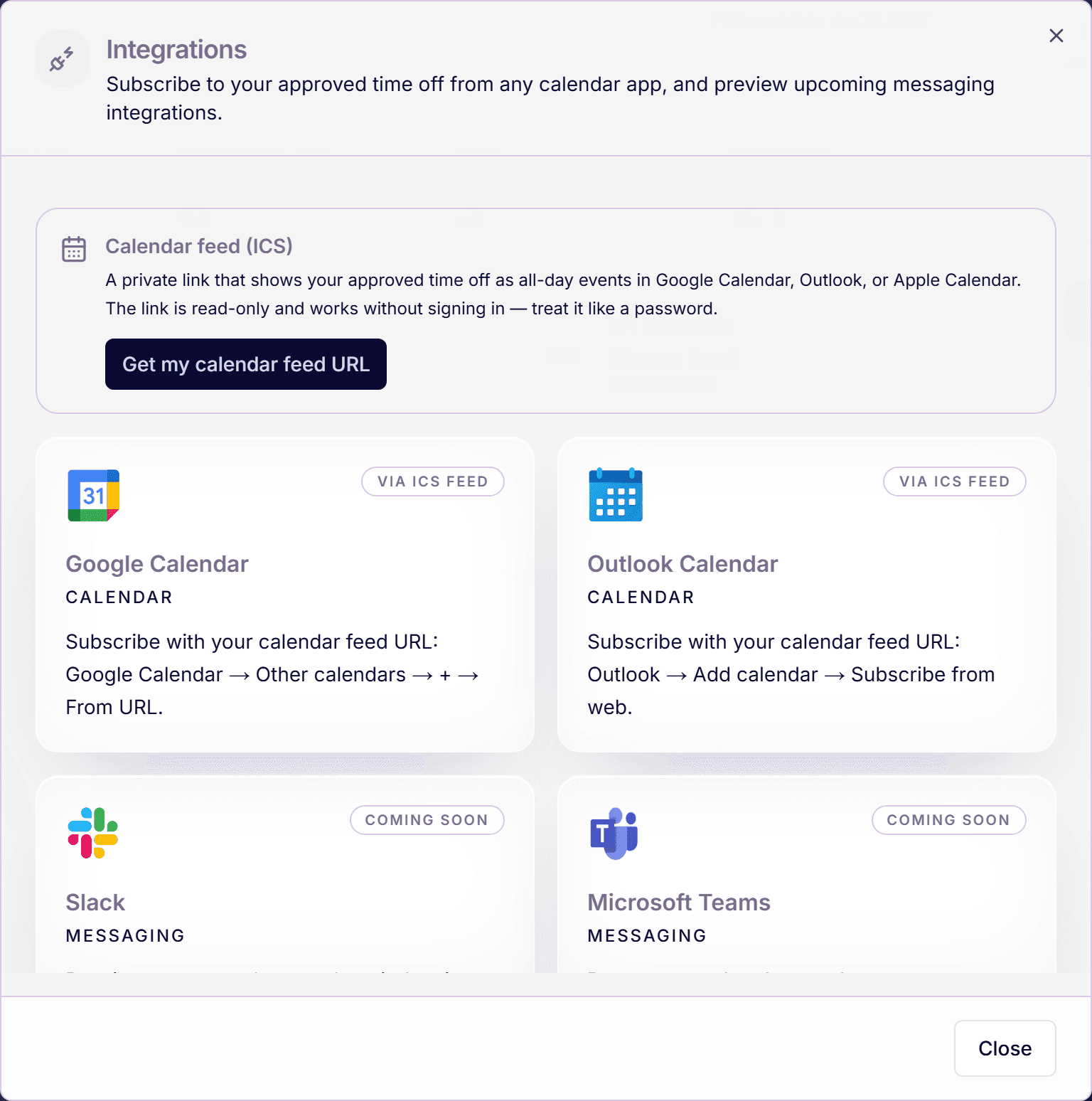 Integrations modal showing the live calendar feed and coming-soon cards