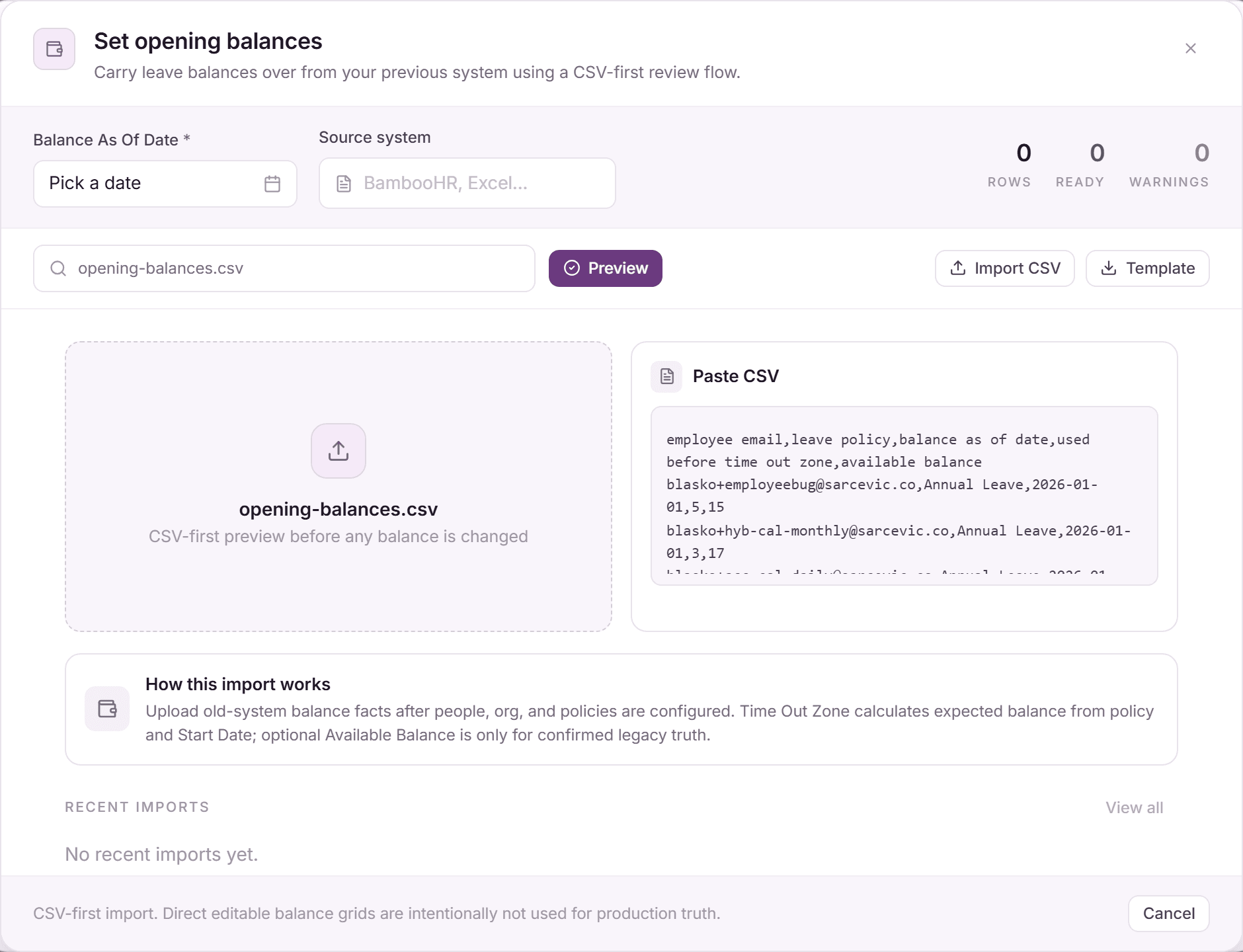 Set opening balances dialog with CSV preview grouped into ready, warning, and blocked rows