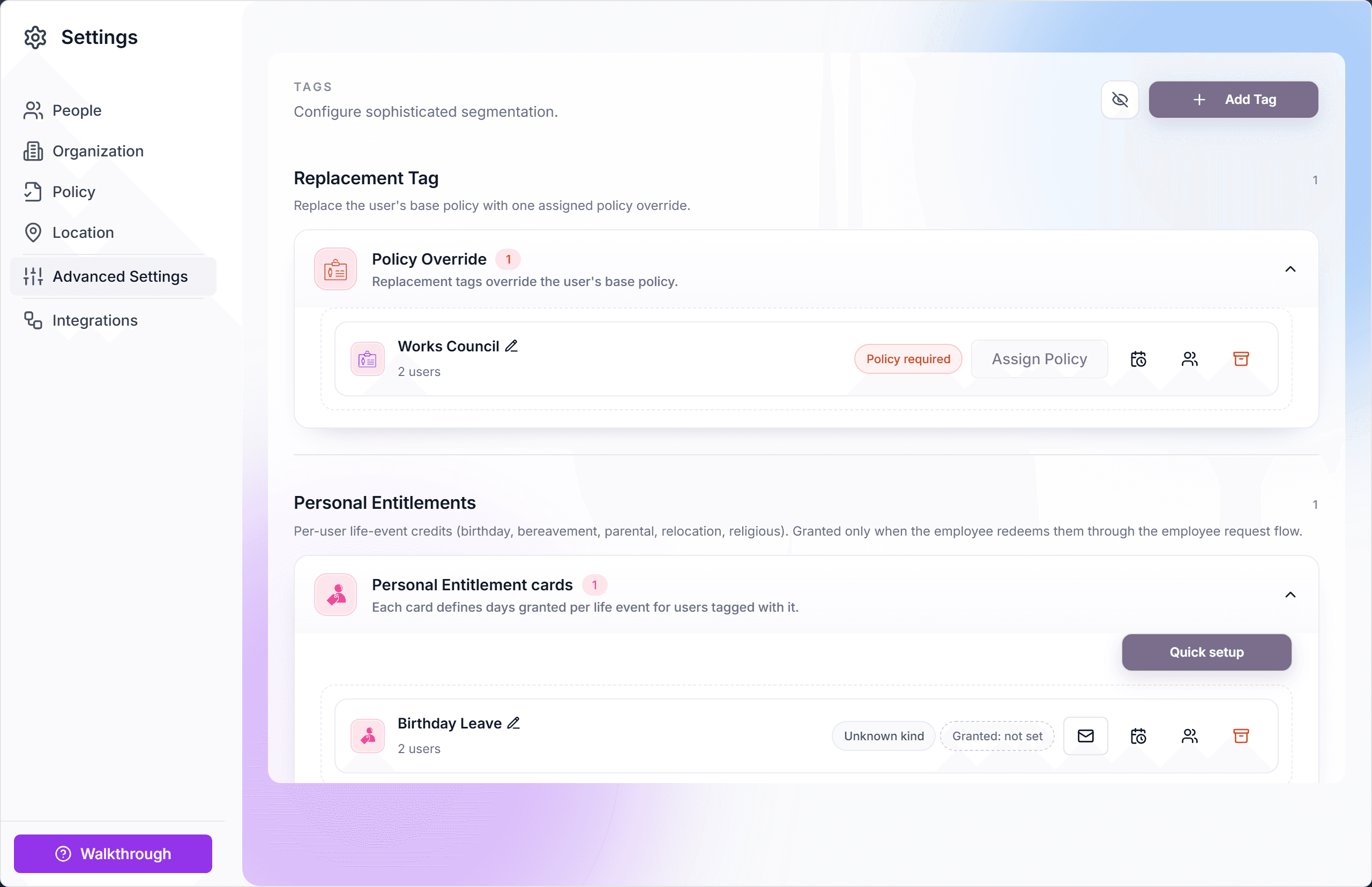 Advanced Settings mit den Sektionen Policy Override, Personal Entitlements und Additive Tags