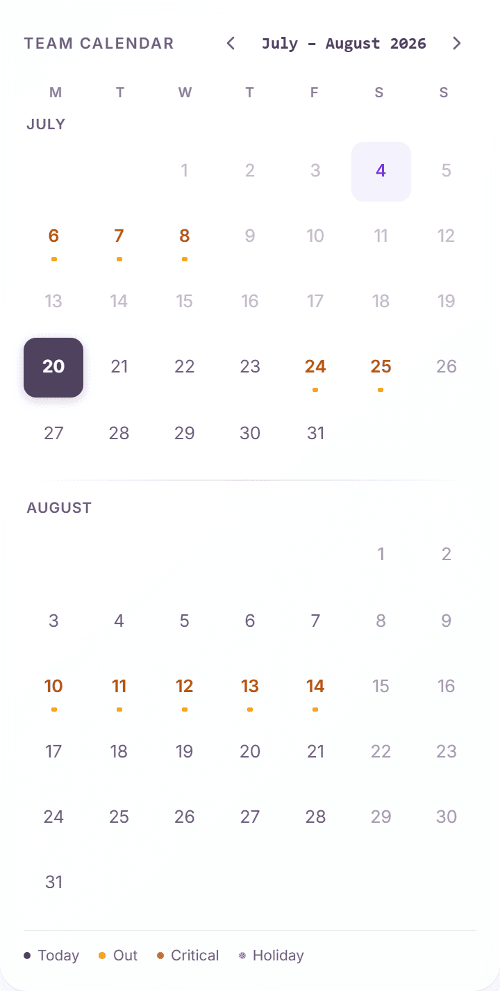 Two-month team calendar with out, critical, and holiday markers