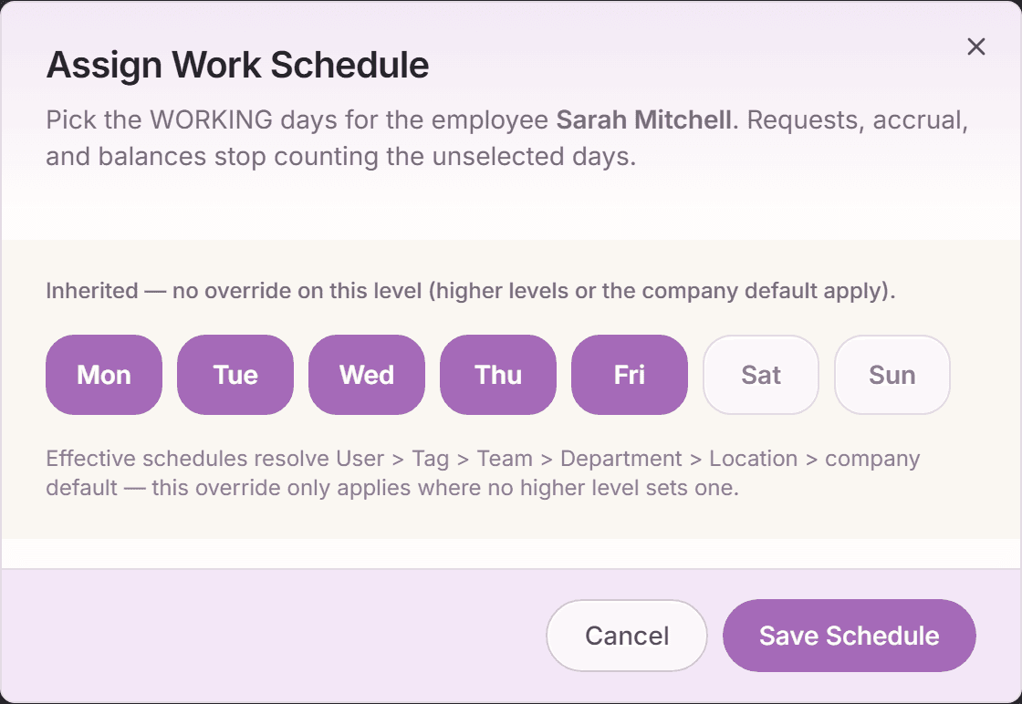 Assign Work Schedule dialog with Mon through Sun day chips and inheritance note