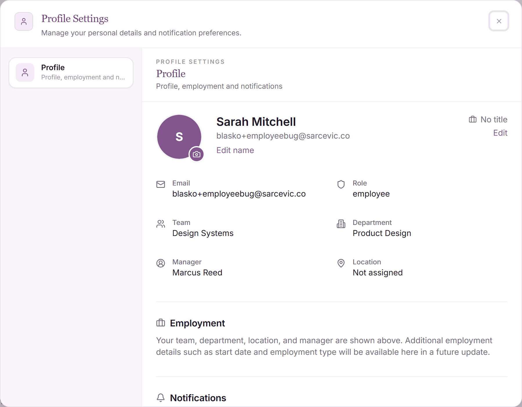 Profile page with organizational details and weekly work schedule
