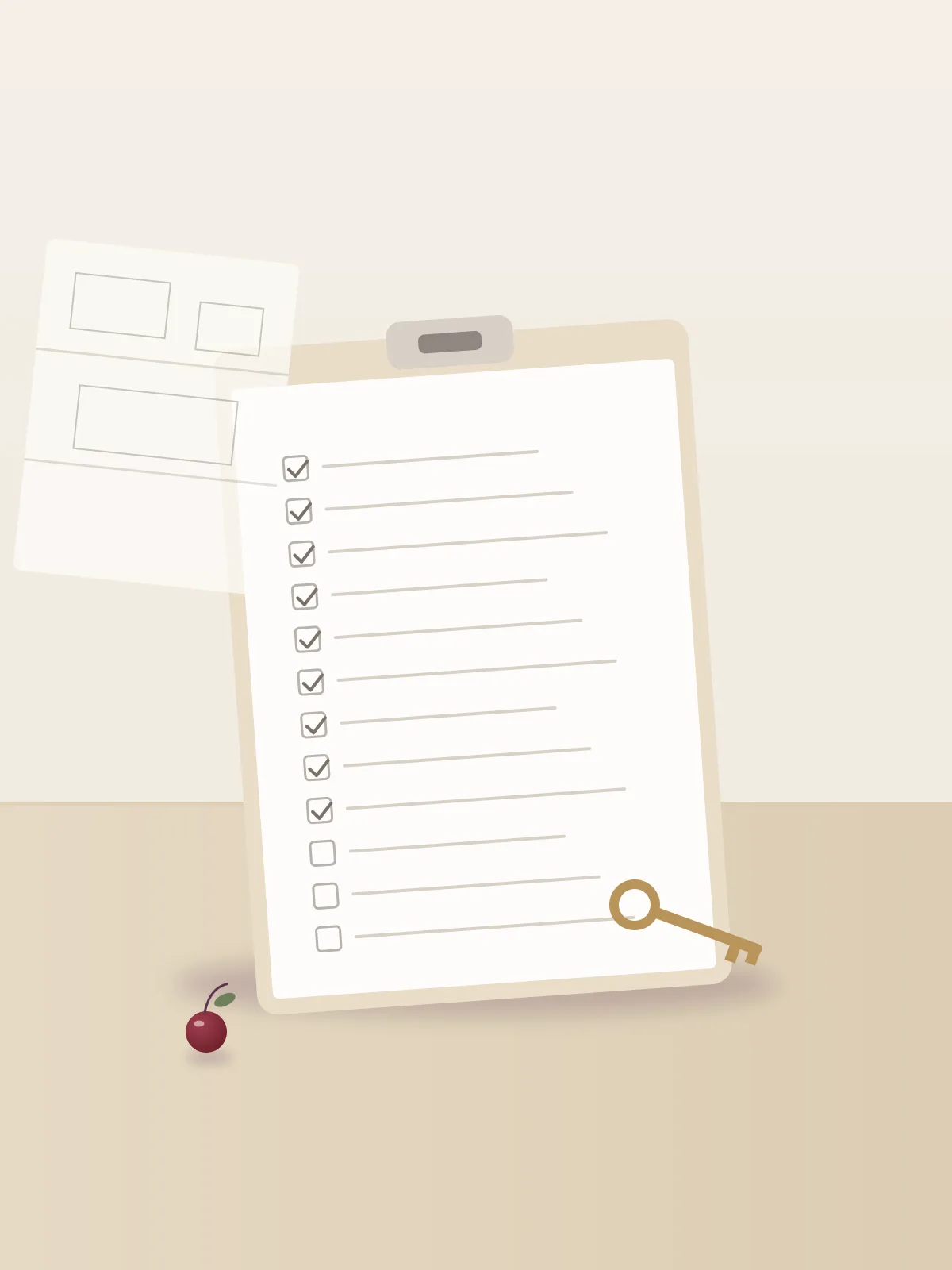 A clipboard with a printed checklist, most boxes ticked, resting on a desk beside a small brass key and a folded floor plan
