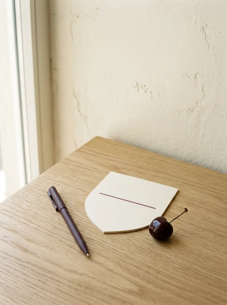 A small pale cream shield shape cut from thick card lying flat on light oak, a thin plum line drawn across its center, with a matte dark-plum pen beside it and a single dark cherry at one corner
