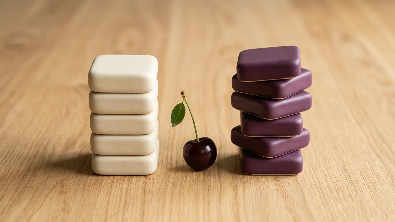 Two short vertical stacks of small pale tiles side by side on light oak, the left stack five cream tiles neatly aligned, the right stack five plum tiles slightly offset, with a thin gap between the stacks and a single dark cherry in the gap