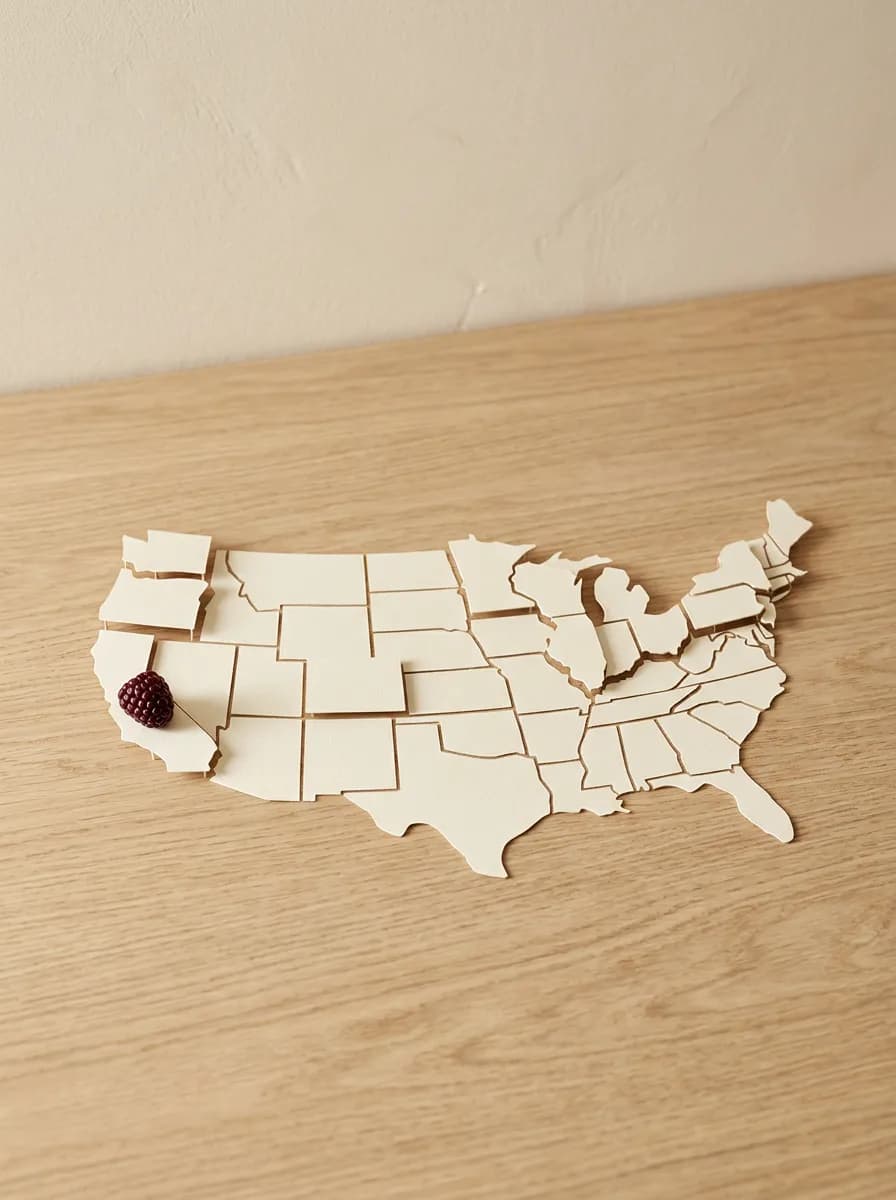 A soft map of the United States with a handful of states lifted slightly above the rest, a single raspberry resting on one of them