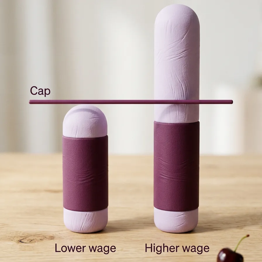 Two side-by-side wage columns, one short and one tall, each with a shaded replacement band that covers most of the short column and only the lower half of the tall one, with a cap line across the top