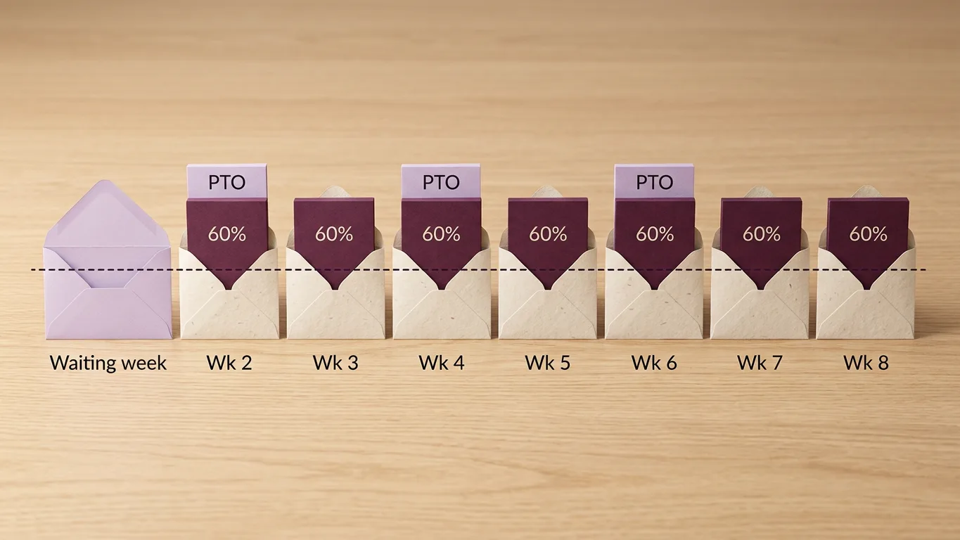 A row of eight small pay envelopes on pale linen, the first one plain and labeled waiting week, the following seven each partly filled to about the same height and labeled 60 percent, with a thin second layer labeled PTO on top of a few of them