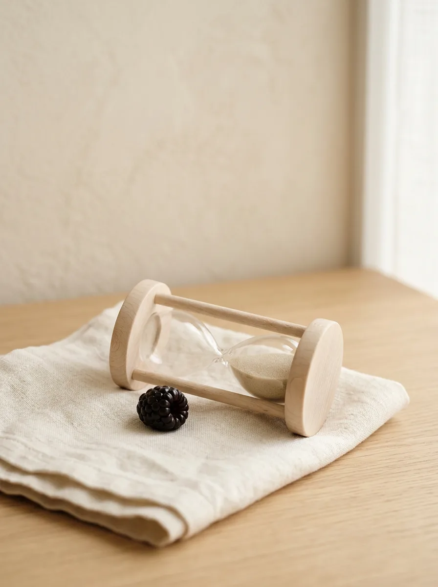 A soft hourglass lying on its side on pale linen, sand gathered in one bulb, a single raspberry beside the neck