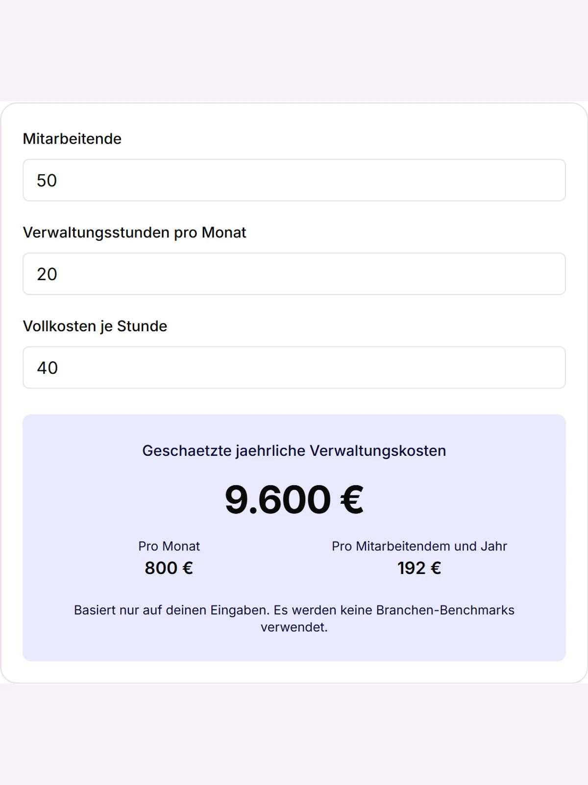 Time-Out Zone Kostenrechner fuer fehlendes Urlaubsmanagement: Mitarbeiterzahl, monatliche Verwaltungsstunden und Stundensatz als Eingaben, Jahreskosten als Ergebnis.