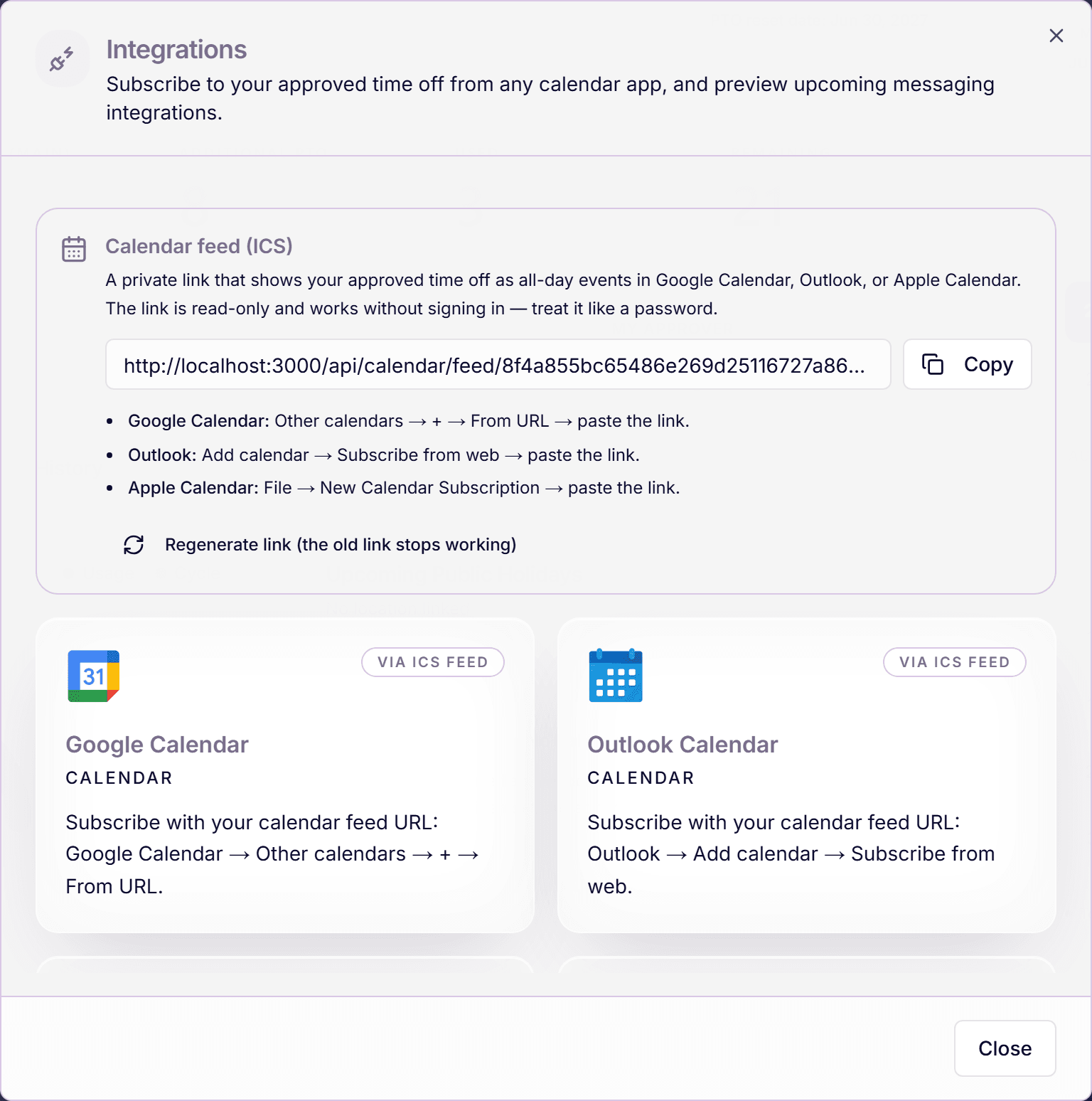 Integrations-Dialog mit Calendar feed (ICS) und Kopier-Button