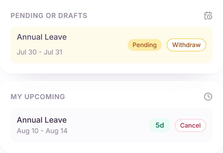 Sidebar with a pending request showing Withdraw and an approved request showing Cancel