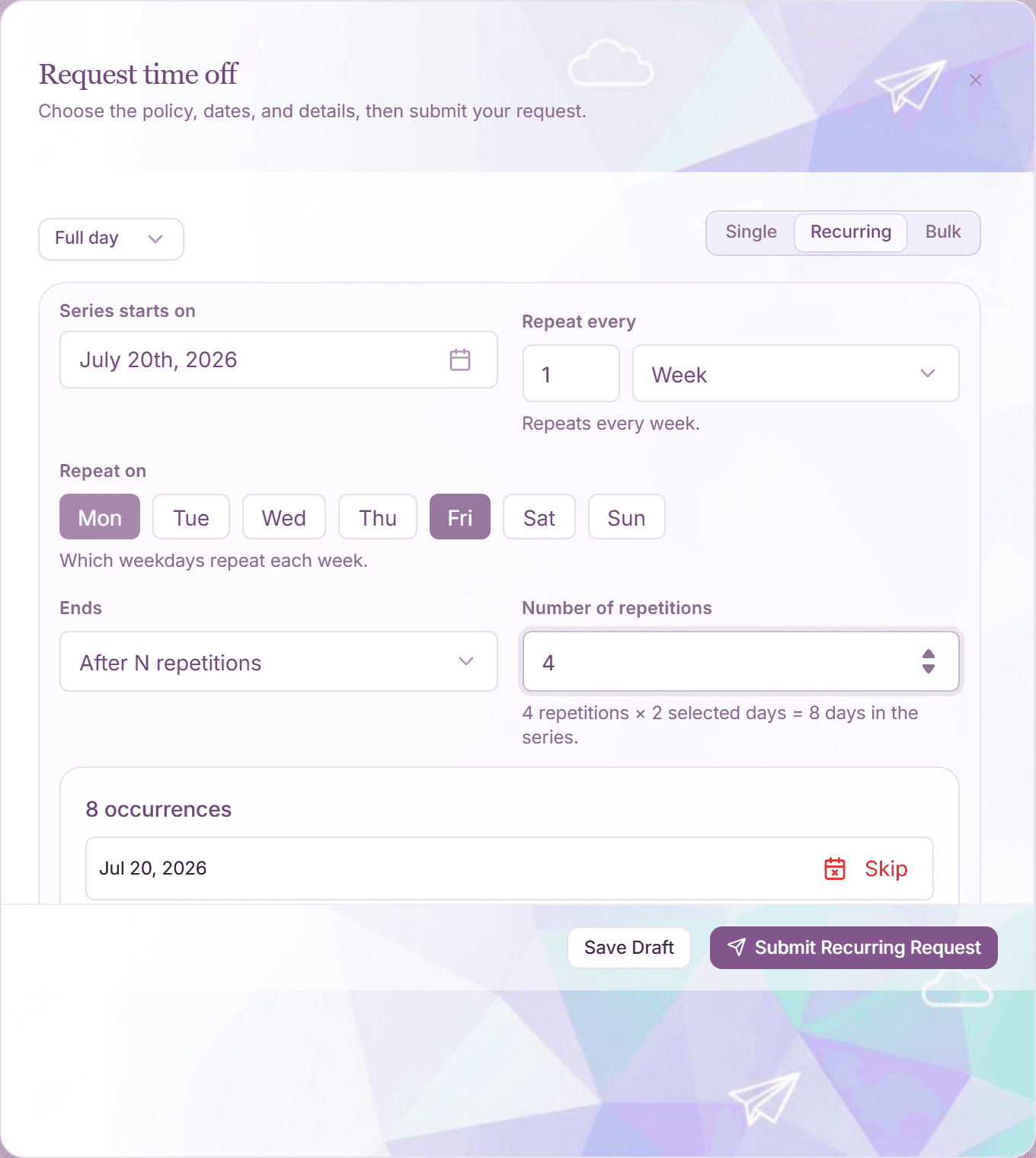 Recurring mode with repeat pattern, weekday selection, and occurrence preview