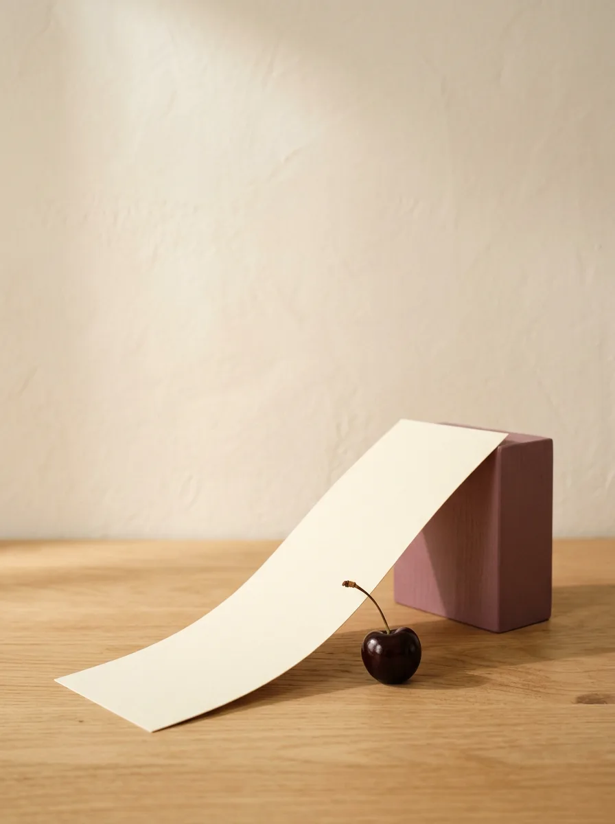 A pale cream ramp of folded card rising gently across a light oak surface, its top edge meeting a small plum block, with a single dark cherry resting at the foot of the ramp