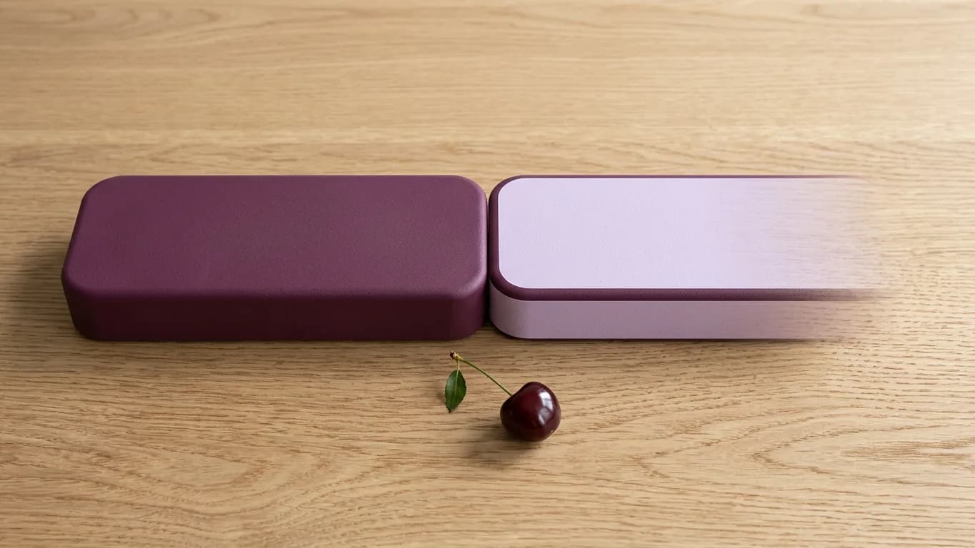 Two horizontal bars end to end on a light oak surface, the first a fixed solid plum block, the second a pale lavender bar that fades gradually into the wood grain with no hard right edge, and a single dark cherry at the point where the two meet