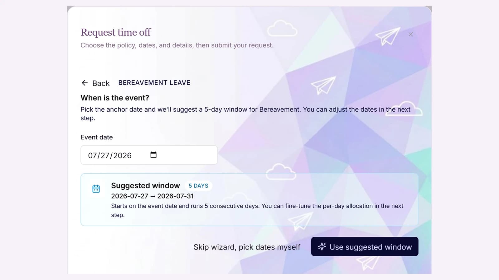 Leave request flow for a bereavement leave type with minimal approval steps