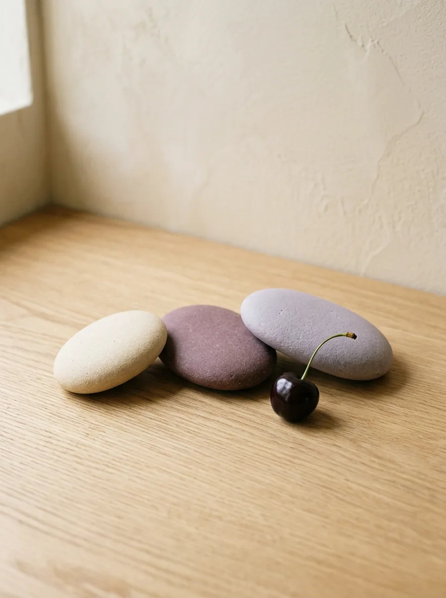 Three flat pale stones of different lengths laid in a row on light oak, the first cream, the second dusty plum, the third soft lavender, overlapping slightly at their edges, with a single dark cherry beside the middle stone