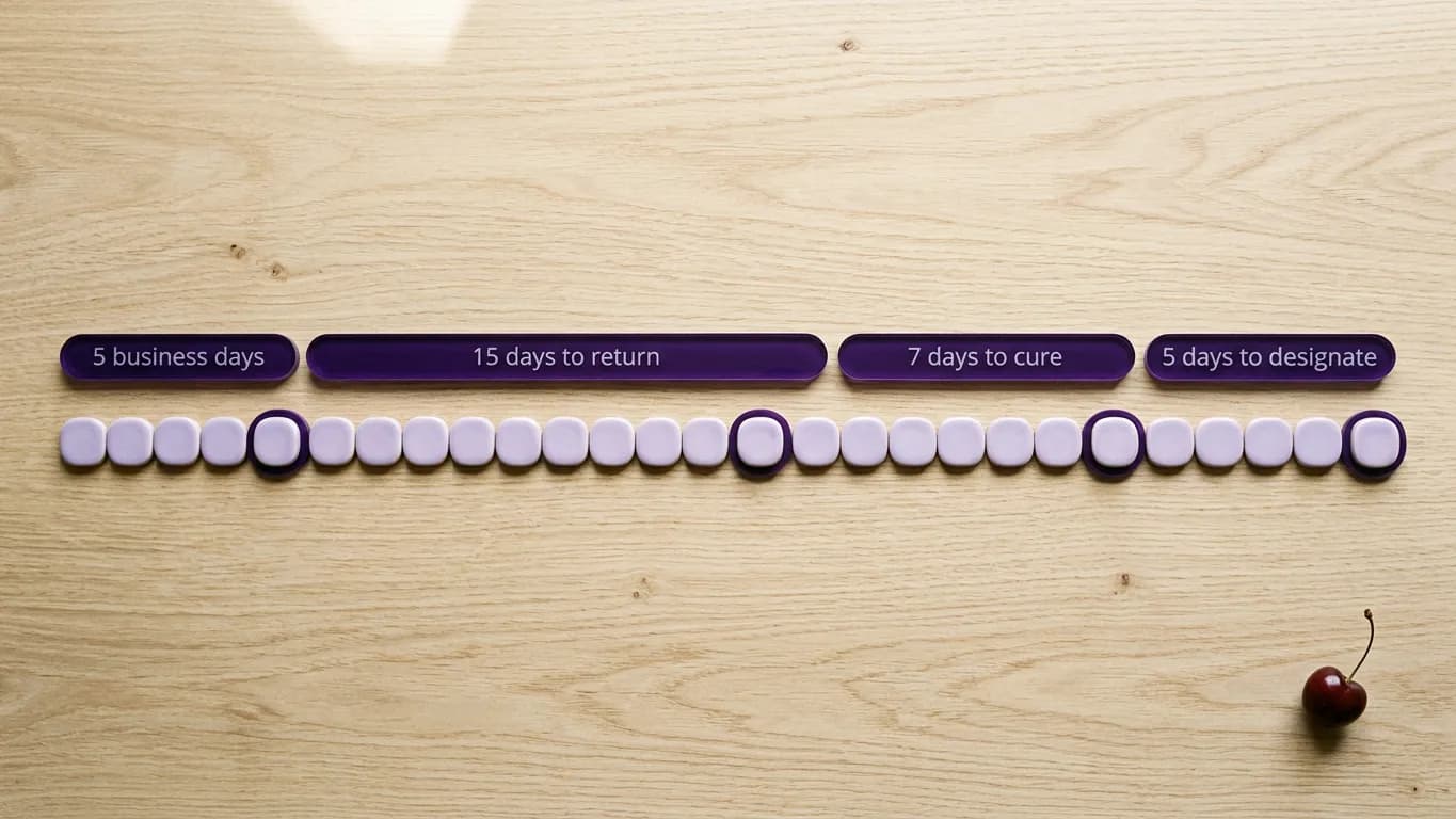 A horizontal March calendar strip with four marked stretches: a short five-day span, a longer fifteen-day span, a seven-day span, and a final short span, each ending at a circled date
