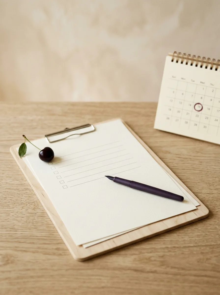 A clipboard holding a partly filled form, with a fountain pen resting across it and a small wall calendar beside it showing a circled date