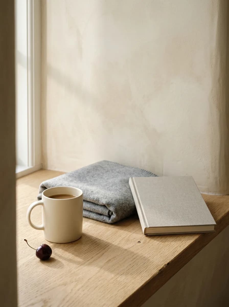 A cream ceramic mug on a light wooden windowsill beside a folded soft gray blanket and a closed notebook, with morning light falling across them and a single dark cherry on the sill