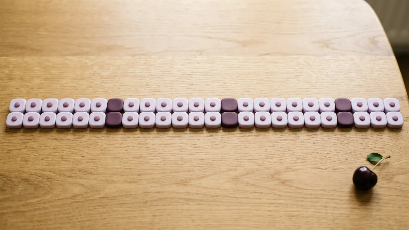 A long horizontal strip of fifty-two small pale tiles representing the weeks of a year, with every second tile marked by a small plum dot and three separate tiles filled completely in plum, one near the start, one near the middle, and one near the end