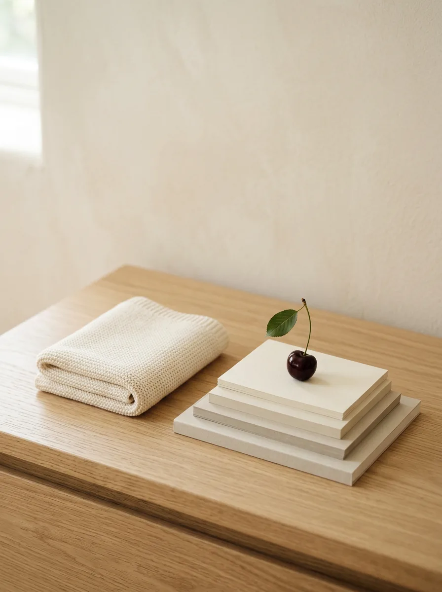 A small knitted cream baby blanket folded on a light oak dresser next to a stack of four pale cards of slightly different heights and a single dark cherry