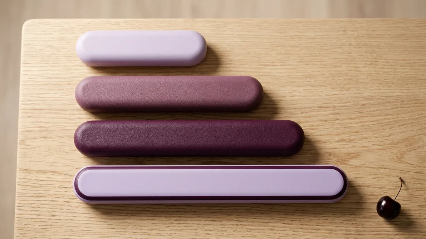 Four horizontal bars stacked one above another and staggered like steps, the top one short and pale, the second and third longer in two shades of plum, and the bottom one the longest in soft lavender, on a light oak surface