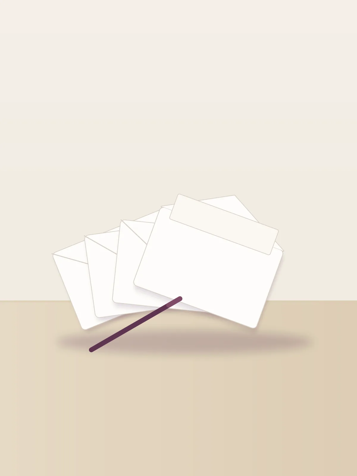 Four cream envelopes fanned out on a pale desk, each sealed with a small wax dot, the top one slightly open with a folded letter showing