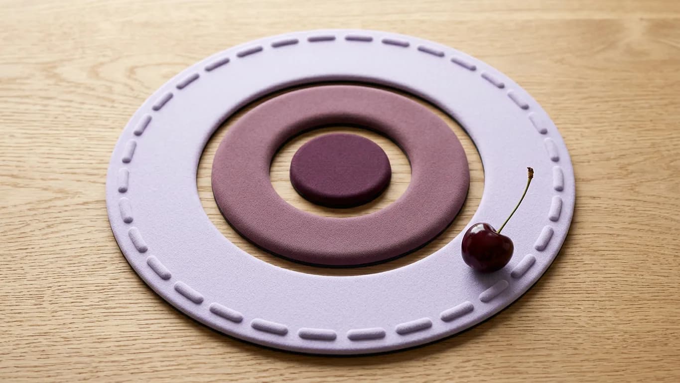 Three concentric rings drawn as tactile pale lavender and plum arcs on light oak: a small solid plum center, a middle ring in dusty plum, and a wide outer ring in pale lavender with a dashed edge, with a single dark cherry resting on the outer ring