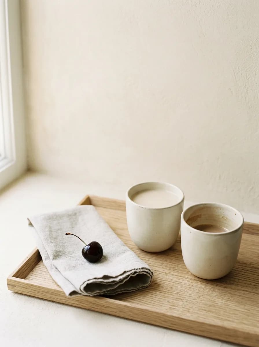 Two cream ceramic cups on a light oak tray, one full and one half empty, with a folded pale linen napkin and a single dark cherry beside them