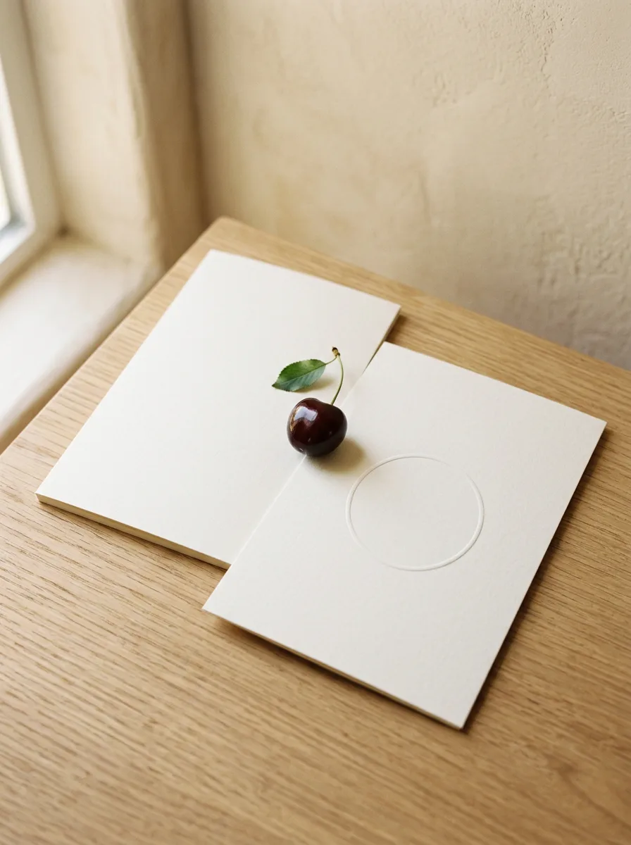 Two soft paper cards overlapping at one corner, one plain cream and one with a faint coin embossed on it, a single cherry on the shared corner