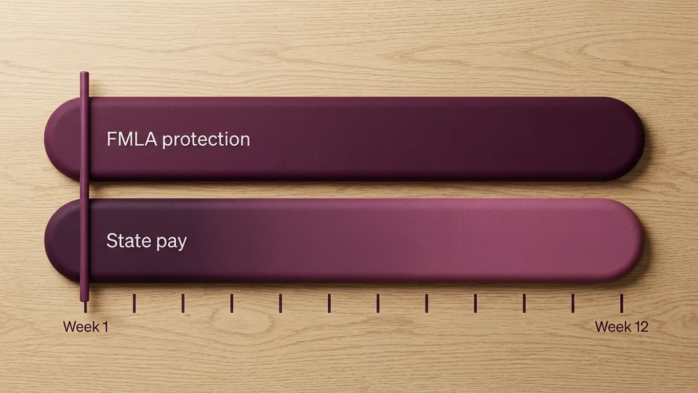 Two parallel horizontal bands running the same length, the upper one plain plum labeled FMLA protection and the lower one filled with a soft gradient labeled state pay, with a small vertical marker where both start