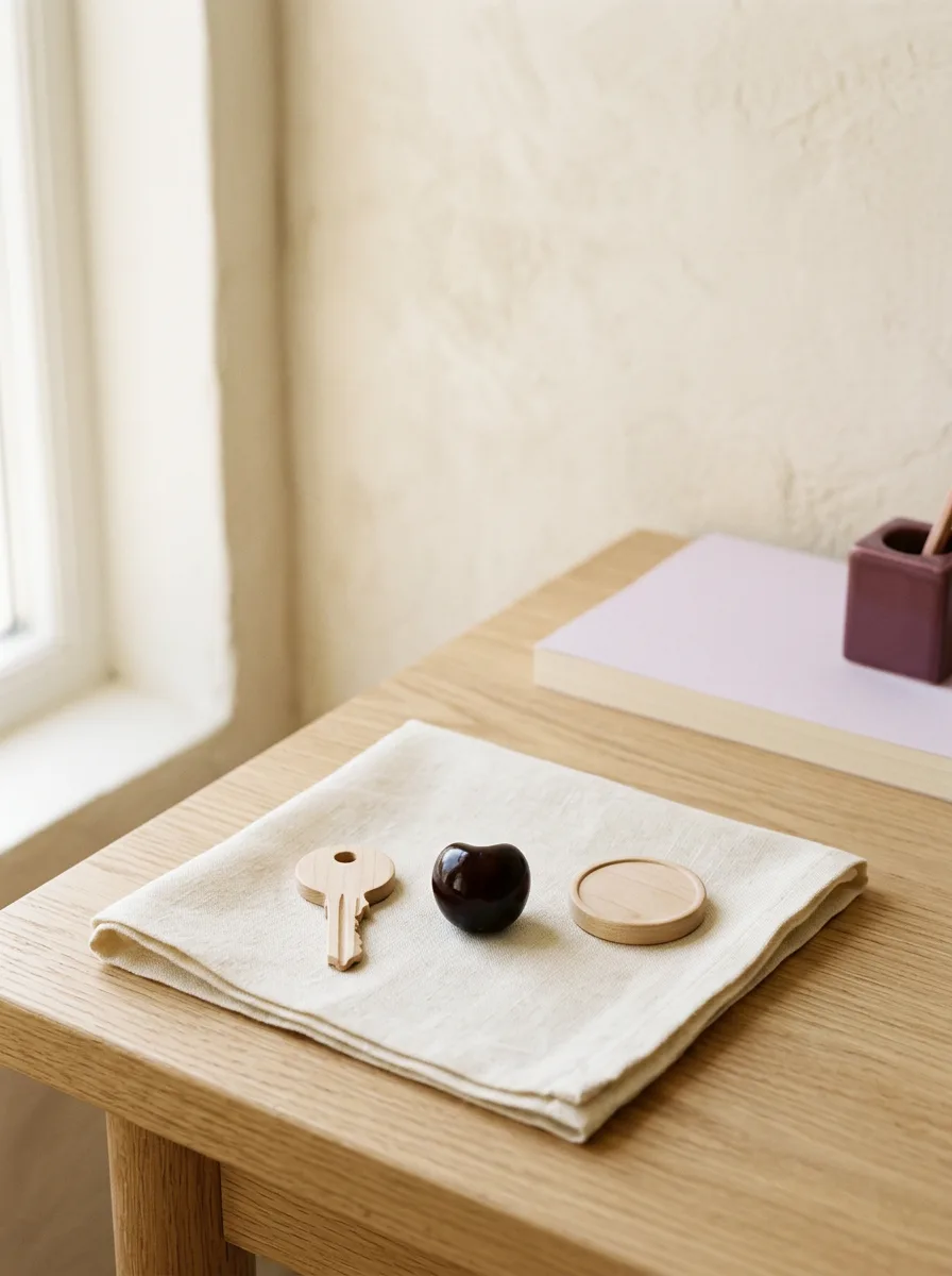 Two wooden keys side by side on a cream cloth, one shaped like a door key and one shaped like a coin