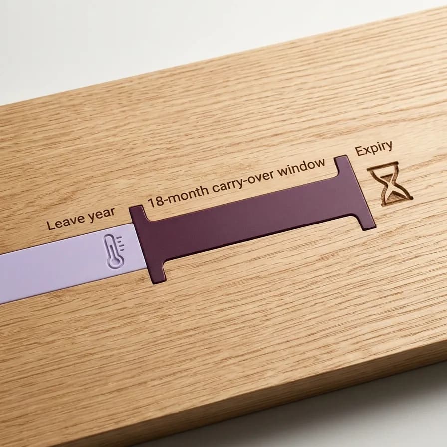 Carry-over window diagram: leave accrued during a sick year staying usable for 18 months after that leave year ends