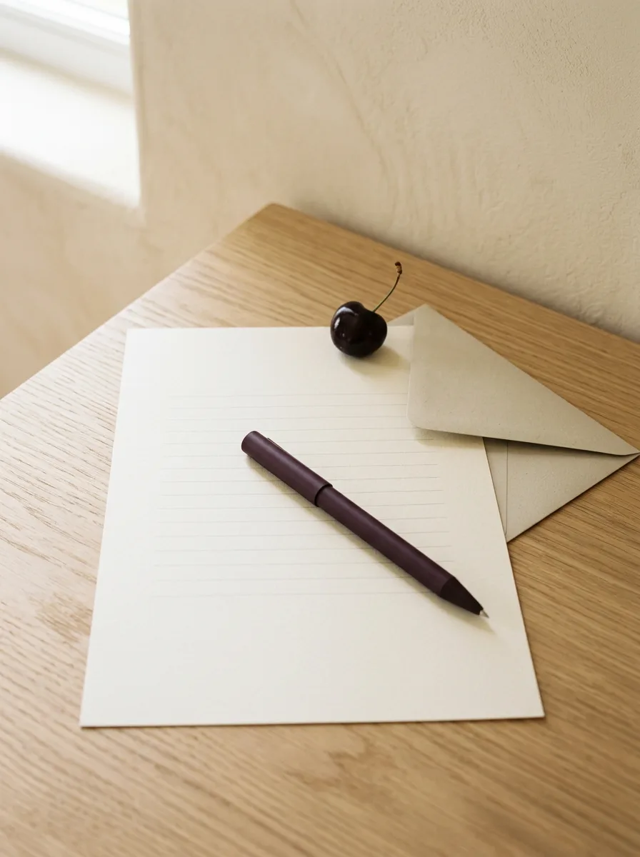 A single sheet of matte cream paper with faint blank lines on a light oak desk, a matte dark-plum pen laid diagonally across it, a pale envelope beneath one corner, and a single dark cherry at the top edge