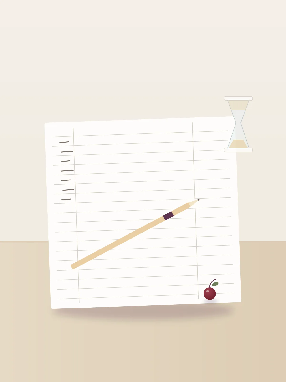 A ruled ledger page lying flat with a slim pencil across it, a few short pencil marks in the margin, and a small cream hourglass at the corner