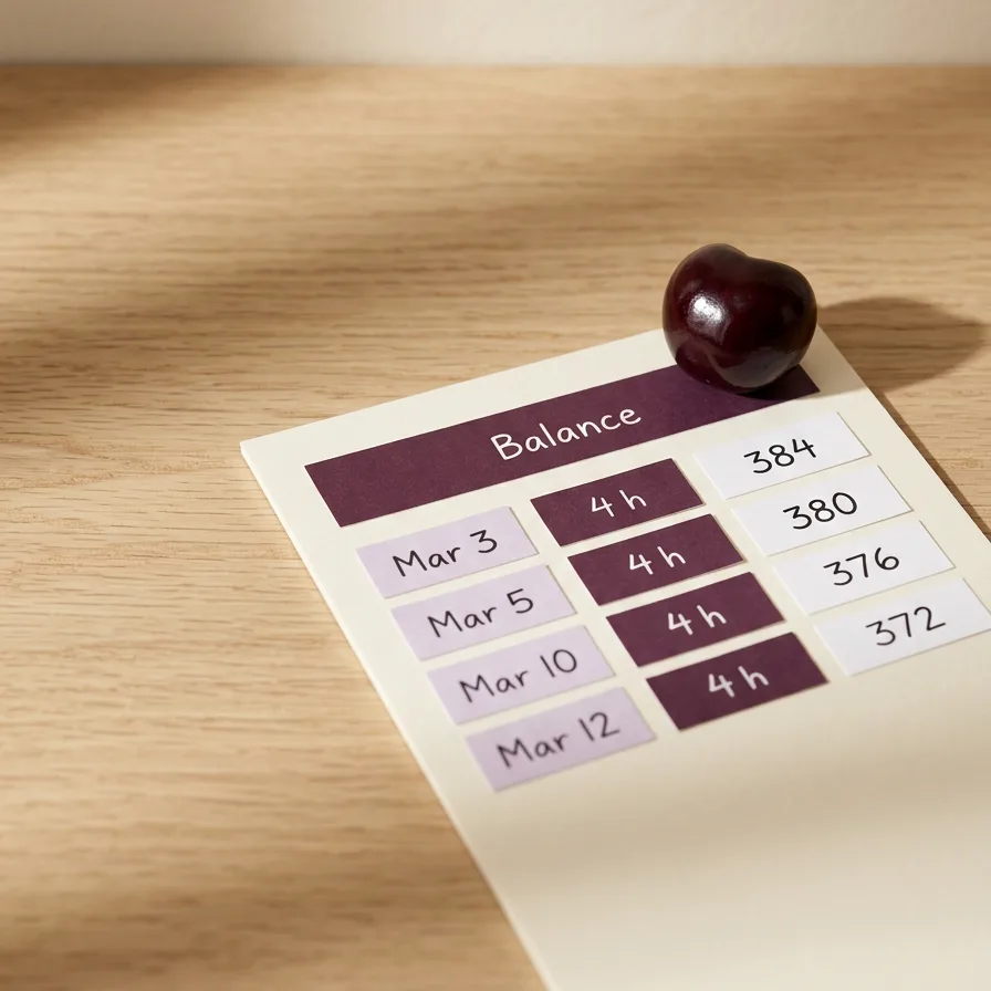 A ledger card with a column of small hour entries, each tagged with a date, subtracting from a running balance that starts at 384