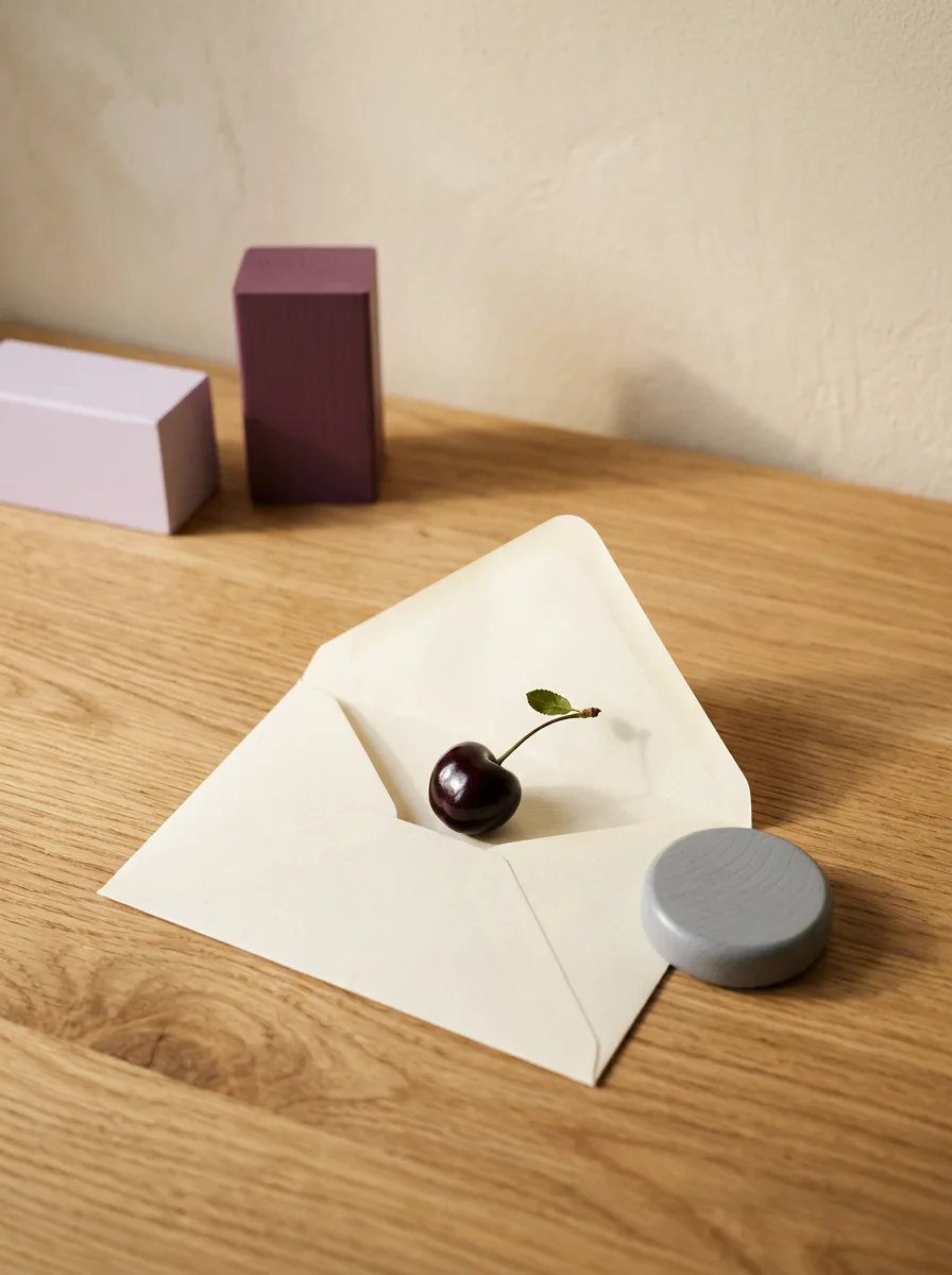 An open pay envelope on a wooden desk with a single cherry resting where the banknotes would be
