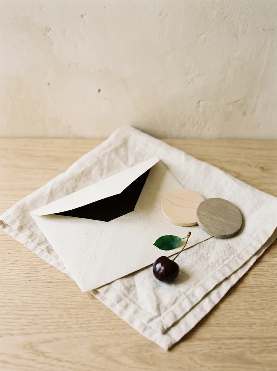 A soft cream envelope half open on pale linen with a pair of coins beside it, one coin slightly darker than the other, and a single cherry at the corner