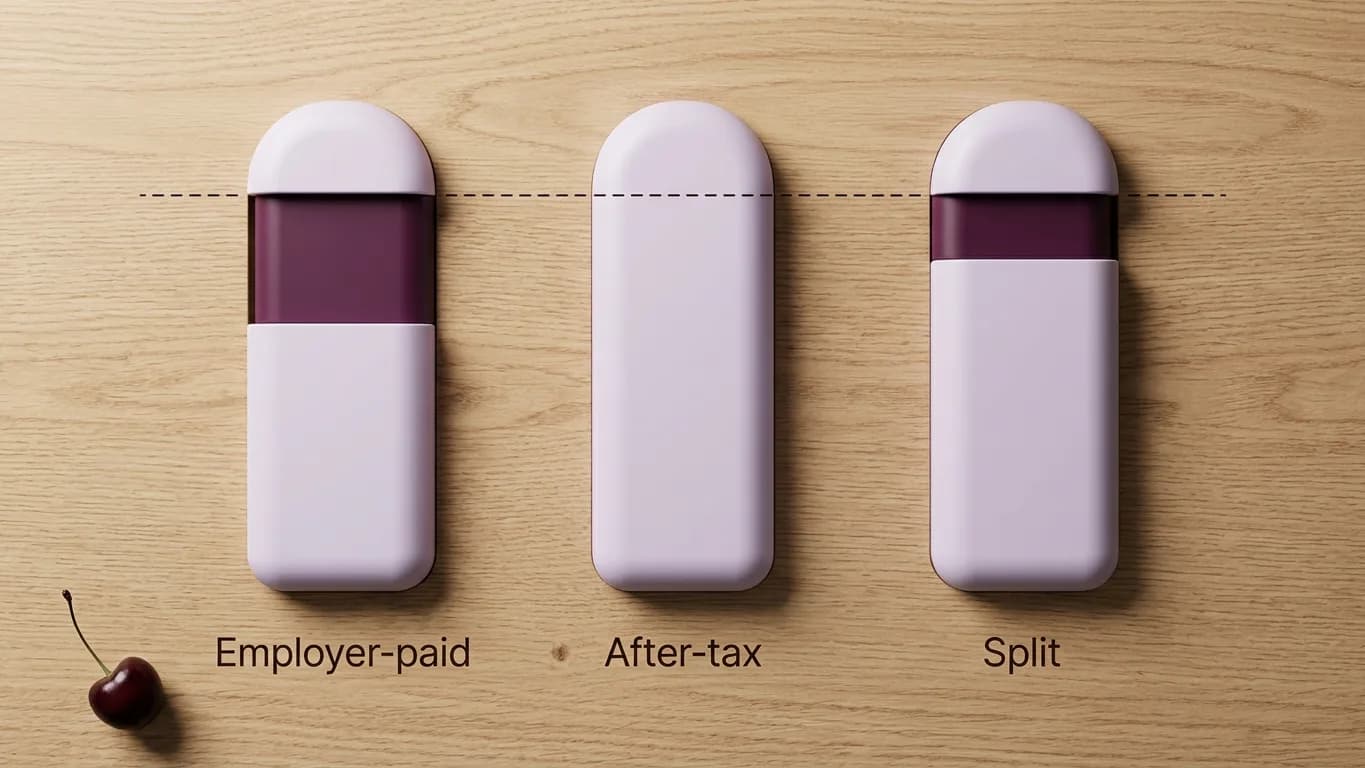 Three identical soft cream bars in a row labeled employer-paid, after-tax, and split, the first with a wide shaded portion removed from its top, the second untouched, the third with a narrower shaded portion removed