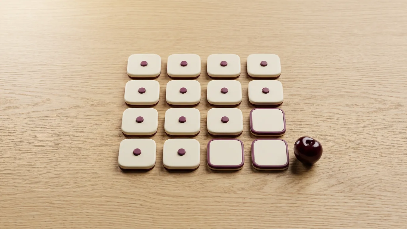 Twelve small cream tiles laid out in a four-by-three grid on light oak, nine of them each marked with a single plum dot and three left blank, with a single dark cherry resting beside the blank corner