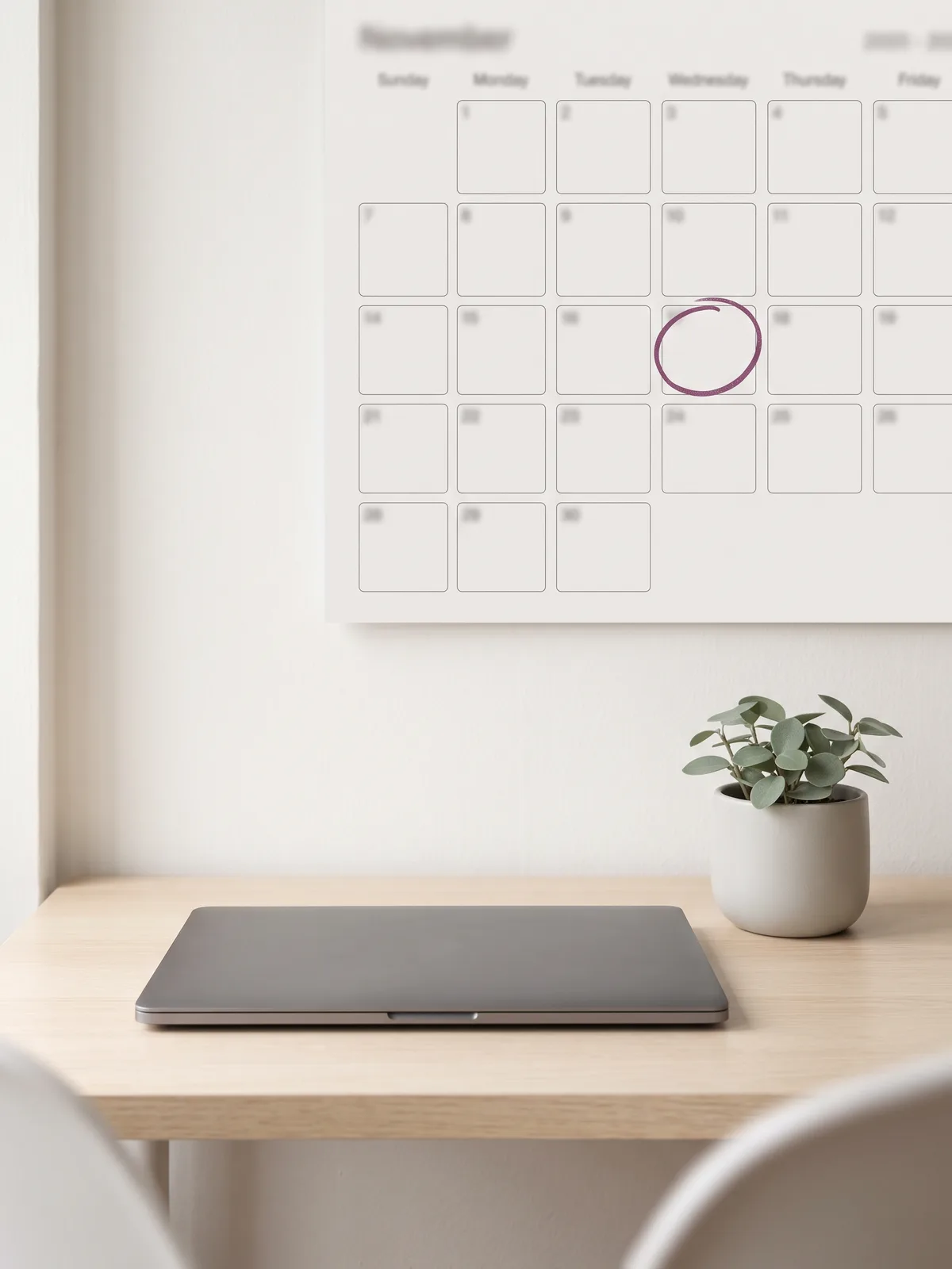 An empty desk with a marked return date on the calendar behind it