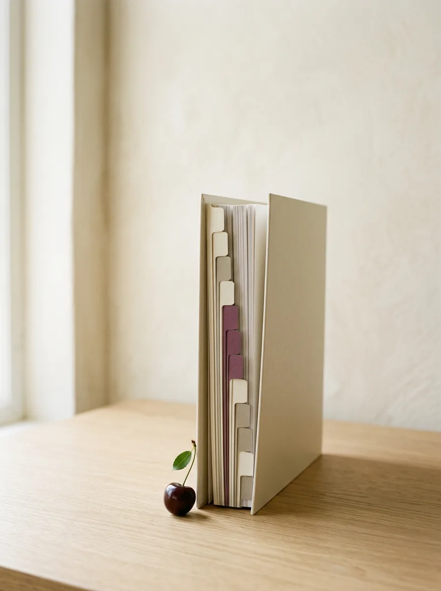 A thin cream ring binder standing slightly open on a light oak desk, twelve pale index tabs stepping down its edge in cream and plum, with a single dark cherry on the desk in front of it